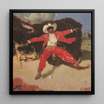 Devil’s Details - Fine Art Print / Canvas Framed Canvas Print Man Ornate Red Suit White Black Cowboy Stages, Gold Jewelry Dripping, Gilded