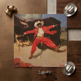 Devil’s Details - Fine Art Print / Canvas Vibrant Red Glossy Cowboy-themed Art Print Man Ornate Black Cowboy Stages, Gold Jewelry Dripping,