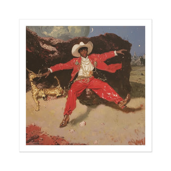 Devil’s Details - Fine Art Print / Canvas Vibrant Red Glossy Suit Gold Accents White Cowboy Black Stages, Jewelry Dripping, Gilded