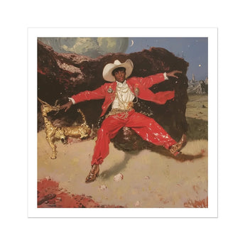 Devil’s Details - Fine Art Print / Canvas Vibrant Red Glossy Suit Gold Accents White Cowboy Black Stages, Jewelry Dripping, Gilded