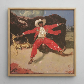 Devil’s Details - Fine Art Print / Canvas Vibrant Red Suit Gold Embellishments White Cowboy Hat Black Stages, Jewelry Dripping, Gilded