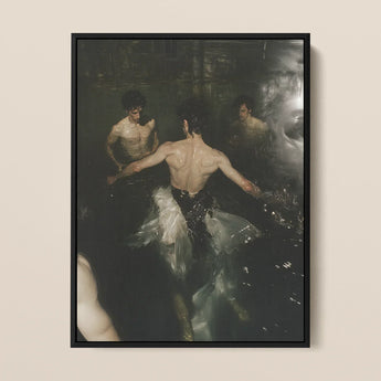 Dipping - Gay Grunge Baroque Ballet Art Print / Canvas Black-framed Artwork Dramatic Moody Scene Shirtless Men Water, Lumbar Dip, Deltoid