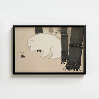 Black-framed Artwork Whimsical Illustration White Polar Bear Dark Kamisaka Sekka, Sekka’s Dog, Snail Kacho-e Print