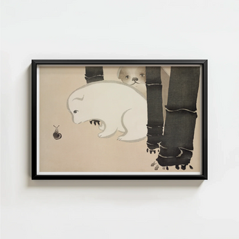 Black-framed Artwork Whimsical Illustration Two Stylized Dogs Dark Kamisaka Sekka, Sekka’s Dog, Snail Kacho-e Print