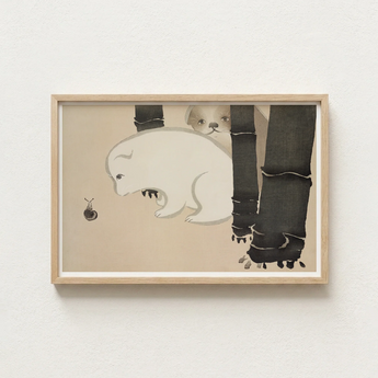 Minimalist Wooden-framed Artwork Watercolor Illustration Two Dogs Dark Kamisaka Sekka, Sekka’s Dog, Snail Kacho-e Print