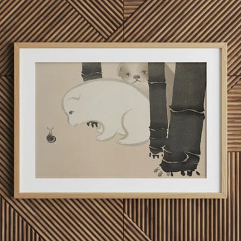 Dog and Snail - Kamisaka Sekka Kacho-e Art Print / Canvas Framed Artwork Whimsical Illustration White Stylized Animal Dark, Sekka’s, Prints