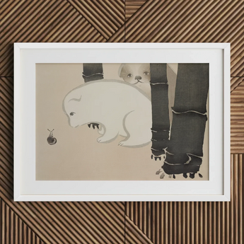 Dog and Snail - Kamisaka Sekka Kacho-e Art Print / Canvas White Framed Artwork Minimalist Illustration Two Animals Bamboo Kamisaka Sekka,
