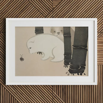 Dog and Snail - Kamisaka Sekka Kacho-e Art Print / Canvas White Framed Artwork Minimalist Illustration Two Animals Bamboo, Sekka’s, Prints