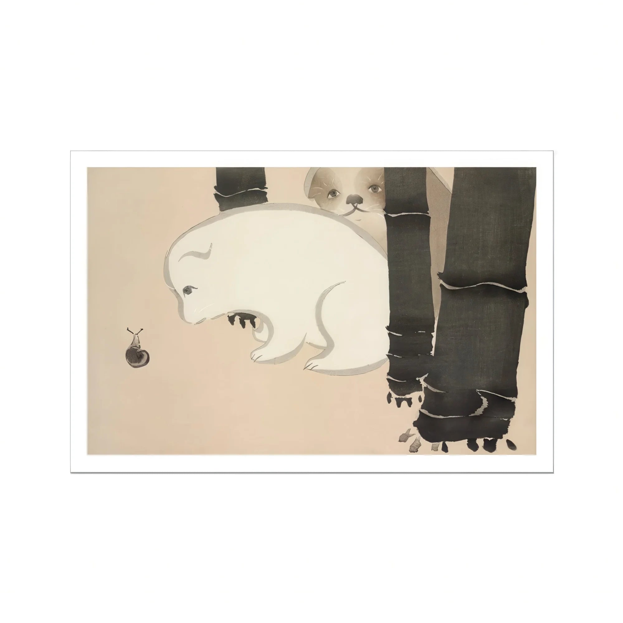 Dog and Snail - Kamisaka Sekka Kacho-e Art Print, White Mouse Rat Insect Black Bamboo Stalks