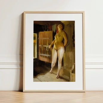 At the Door of Loft - Anders Zorn Art Print / Canvas Framed Painting Light Wood Frame White Nude Woman, Paints, Four-pigment Austerity