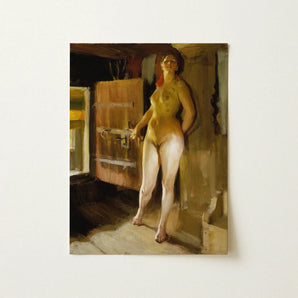 At the Door of Loft - Anders Zorn Art Print / Canvas Warm-toned Oil Painting Nude Woman Dimly Lit Room, Paints, Four-pigment Austerity