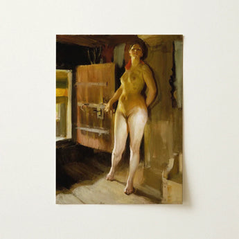 At the Door of Loft - Anders Zorn Art Print / Canvas Warm-toned Oil Painting Nude Woman Dimly Lit Room, Paints, Four-pigment Austerity