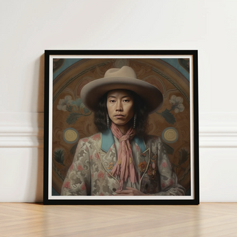 Framed Portrait Person Wide-brimmed Beige Hat Ornate Patterned Dandy Gaysian Cowboy, Elegant Tibetan Outlaw’s