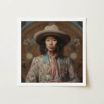 Dorjee - Tibetan Cowboy Dandy Art Print / Canvas Framed Portrait Person Off-white Wide-brimmed Hat Light Gray Gaysian, Elegant Outlaw’s,