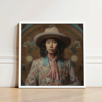 Framed Portrait Person Wide-brimmed Beige Hat Floral-patterned Jacket Dandy Gaysian Cowboy, Elegant Tibetan Outlaw’s