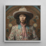 Dorjee - Tibetan Cowboy Dandy Art Print / Canvas Framed Portrait Person Off-white Wide-brimmed Hat Patterned Jacket Gaysian, Elegant