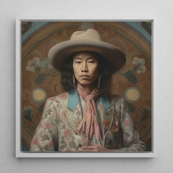Dorjee - Tibetan Cowboy Dandy Art Print / Canvas Framed Portrait Person Off-white Wide-brimmed Hat Patterned Jacket Gaysian, Elegant