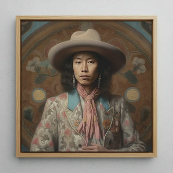 Dorjee - Tibetan Cowboy Dandy Art Print / Canvas Framed Portrait Person Wide-brimmed Beige Hat Ornate Patterned Gaysian, Elegant Outlaw’s,
