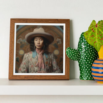 Dorjee - Tibetan Cowboy Dandy Art Print / Canvas Framed Portrait Person Wide-brimmed Hat Patterned Jacket Enclosed Gaysian, Elegant
