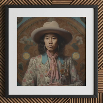 Dorjee - Tibetan Cowboy Dandy Art Print / Canvas Cowboy Hat Wide Brim Floral Pattern Cream-colored Leather Dandy Gaysian Cowboy, Elegant
