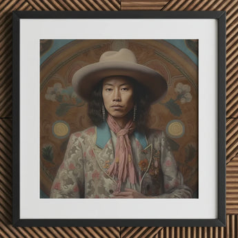 Dorjee - Tibetan Cowboy Dandy Art Print / Canvas Hat Wide Brim Floral Pattern Cream-colored Leather Gaysian, Elegant Outlaw’s, Prints