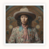 Dorjee - Tibetan Cowboy Dandy Art Print / Canvas Portrait Person Off-white Wide-brimmed Hat Patterned Jacket Floral Gaysian, Elegant