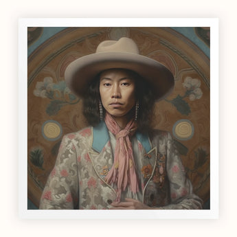 Dorjee - Tibetan Cowboy Dandy Art Print / Canvas Portrait Person Off-white Wide-brimmed Hat Patterned Jacket Floral Gaysian, Elegant