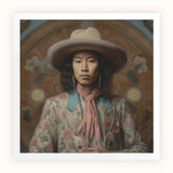 Dorjee - Tibetan Cowboy Dandy Art Print / Canvas Portrait Person Off-white Wide-brimmed Hat Patterned Jacket Floral Dandy Gaysian Cowboy,