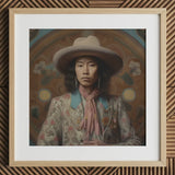 Dorjee - Tibetan Cowboy Dandy Art Print / Canvas White Cowboy Hat Floral Pattern Leather Strap Wooden Dandy Gaysian Cowboy, Elegant Tibetan