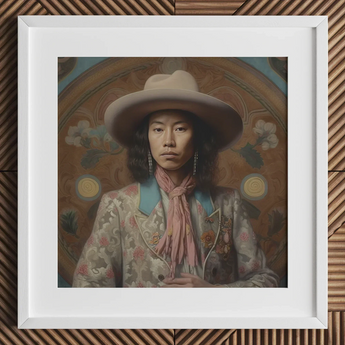 Dorjee - Tibetan Cowboy Dandy Art Print / Canvas White Cowboy Hat Floral Pattern Pink Scarf Dandy Gaysian Cowboy, Elegant Tibetan Outlaw’s,