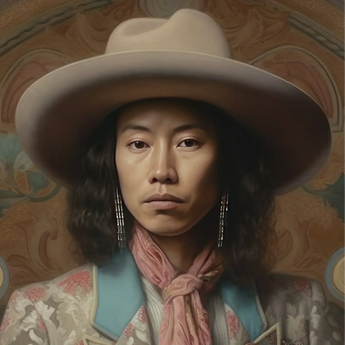 Dorjee - Tibetan Cowboy Dandy Art Print / Canvas Wide-brimmed Cream-colored Hat Pink Scarf Silver Beaded Earrings Dandy Gaysian Cowboy,