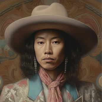 Dorjee - Tibetan Cowboy Dandy Art Print / Canvas Wide-brimmed Cream-colored Hat Pink Scarf Silver Beaded Earrings Gaysian, Elegant