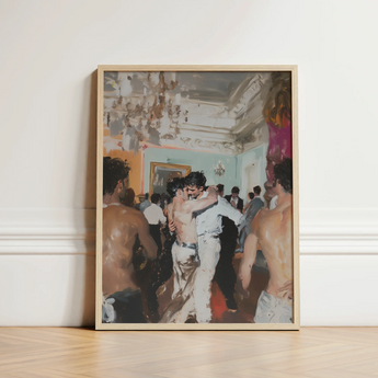 Framed Painting Light Wood Frame Energetic Dance Scene Vintage Gay Tea, Chandelier Stutters