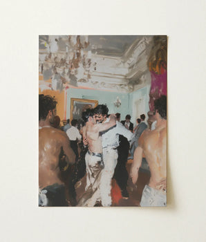 Vibrant Impressionistic Painting Lively Dance Scene Ornate Room Vintage Gay Tea, Chandelier Stutters