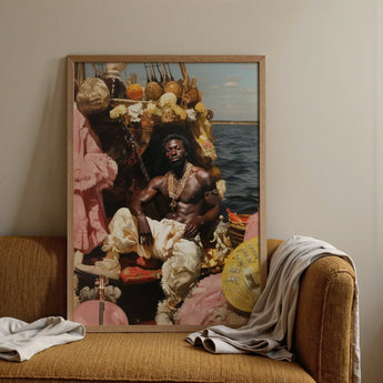 Douglas - Black Gay Pirate Art Print / Canvas Framed Portrait Muscular Man Ornate Cream-colored Attire Adorned Black Gay Pirate, Myth Made