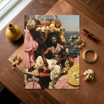 Douglas - Black Gay Pirate Art Print / Canvas Golden Ornate Jewelry Pieces Arranged Rectangular Portrait Print Black Gay Pirate, Myth Made
