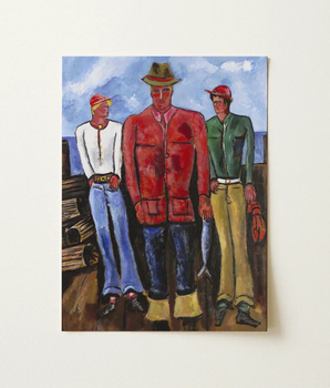 Vibrant Stylized Painting Three Men Colorful Attire Wooden Marsden Hartley, Plants, Fishermen, Shoulder, Carved Weathervane Silhouettes,