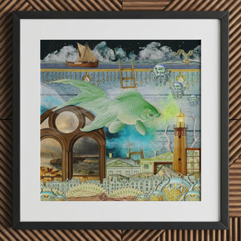 Down where It’s Wetter Pt 1 - Surreal Fish Collage Art Print Framed Surrealist Artwork Luminous Green Imaginative Seascape Toby Leon, Prints