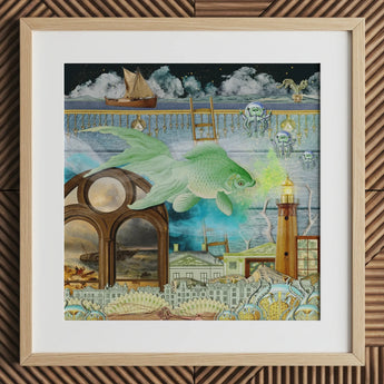 Down where It’s Wetter Pt 1 - Surreal Fish Collage Art Print Framed Surrealist Artwork Luminous Green Imaginative Toby Leon, Prints