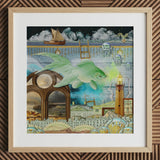Down where It’s Wetter Pt 1 - Surreal Fish Collage Art Print Framed Surrealist Artwork Luminous Green Fish Imaginative Collage Toby Leon,