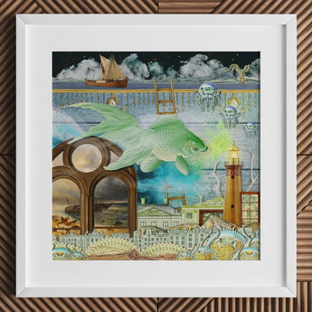 Down where It’s Wetter Pt 1 - Surreal Fish Collage Art Print Mixed-media Artwork Translucent Green Imaginative Landscape Toby Leon, Prints