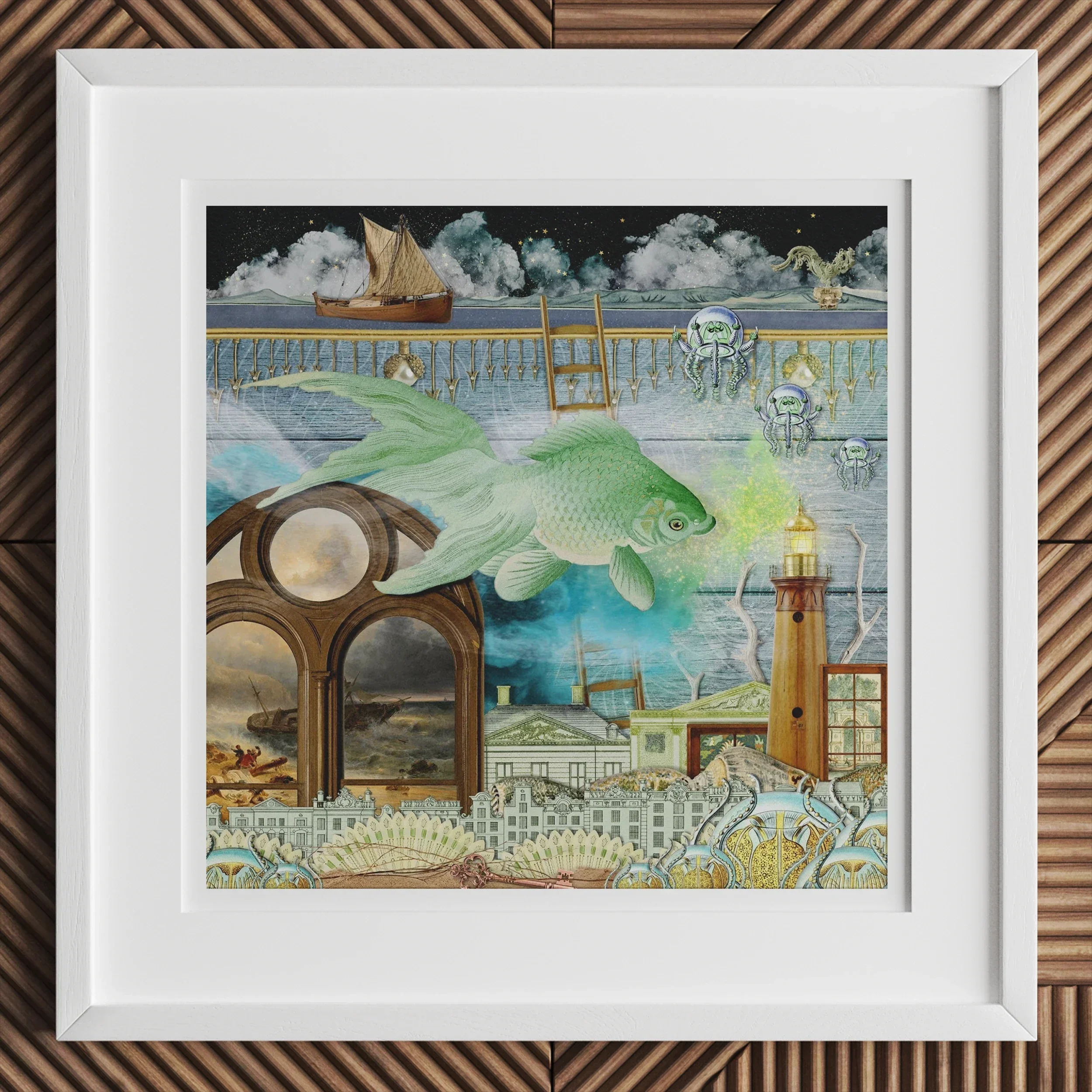 Down where It’s Wetter Pt 1 Surreal Fish Collage Art Print, Surrealist Framed Artwork Dreamlike Underwater Coastal Scene Symbolic