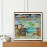 Down where It’s Wetter Pt 1 - Surreal Fish Collage Art Print Surrealist Framed Artwork Giant Green Fish Lighthouse Ship Toby Leon, Surreal