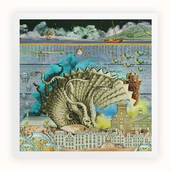 Down where It’s Wetter Pt 2 - Sea Creature Collage Art Print, Fantastical Sea Creature Fan-like Shell Prehistoric Nautilus Ammonite