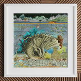Down where It’s Wetter Pt 2 - Sea Creature Collage Art Print Framed Artwork Surreal Scene Oversized Detailed Octopus Turquoise, Urban