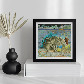 Down where It’s Wetter Pt 2 - Sea Creature Collage Art Print Framed Surrealist Artwork Dinosaur Amid Architectural Natural, Urban