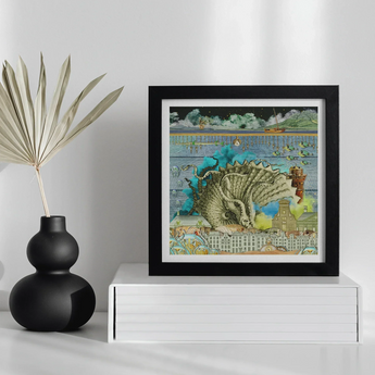 Down where It’s Wetter Pt 2 - Sea Creature Collage Art Print Framed Surrealist Artwork Dinosaur Amid Collage Architectural Natural Sea
