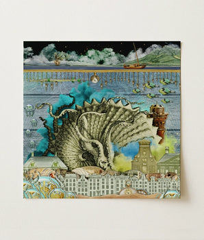 Square Canvas Print Surreal Layered Illustration Octopus Sea Creature Collage, Urban Landscapes Converge, Toby Leon