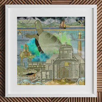 Down where It’s Wetter Pt 3 - Sea Turtle Collage Art Print Framed Mixed-media Artwork Surreal Architectural Structures, Toby Leon, Baroque