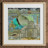 Down where It’s Wetter Pt 3 - Sea Turtle Collage Art Print Framed Mixed-media Artwork Textured Green Turquoise Water, Toby Leon, Baroque